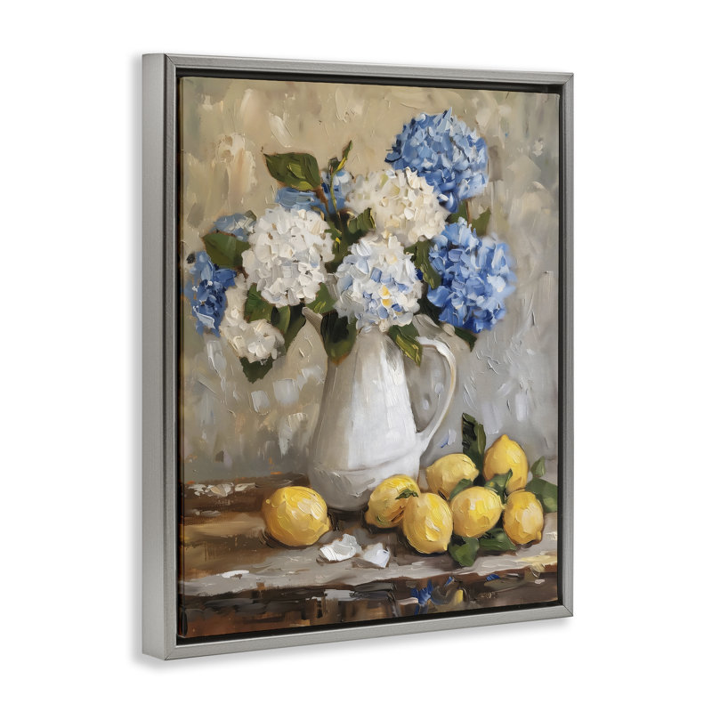 Hydrangeas and Citrus Still Life Floating Frame, design by LSR Creative Studio, 31" H x 25" W, Luster Gray Floater Frame
