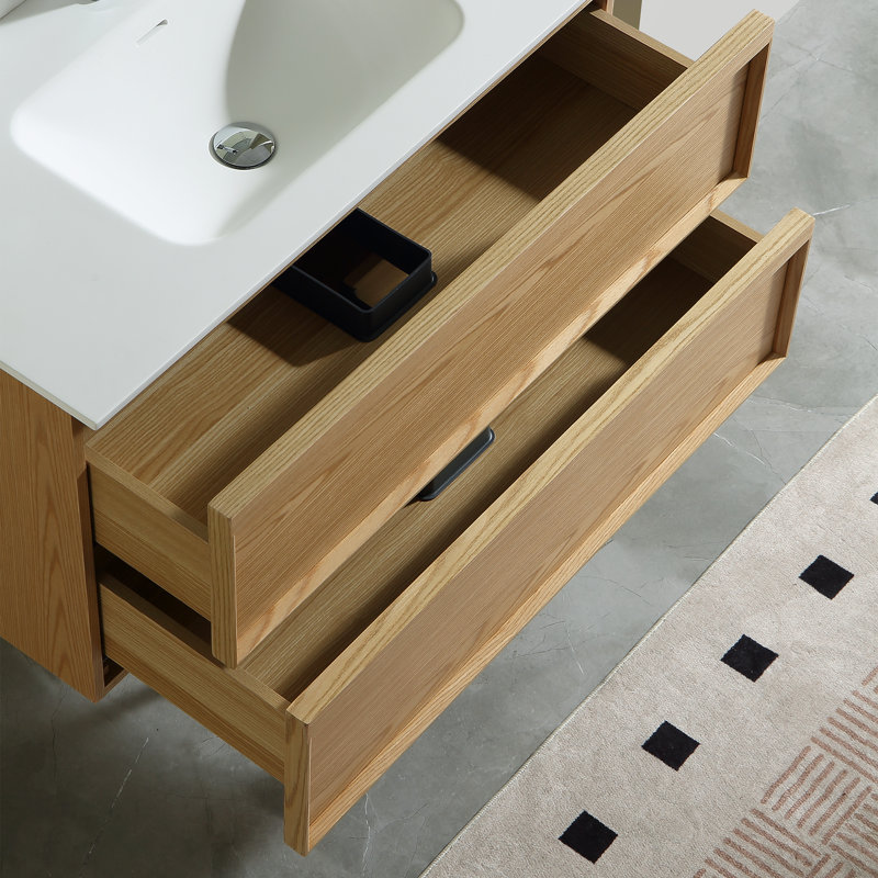 Meuble-lavabo mural moderne en bois naturel avec lavabo 48 po Mid-Century