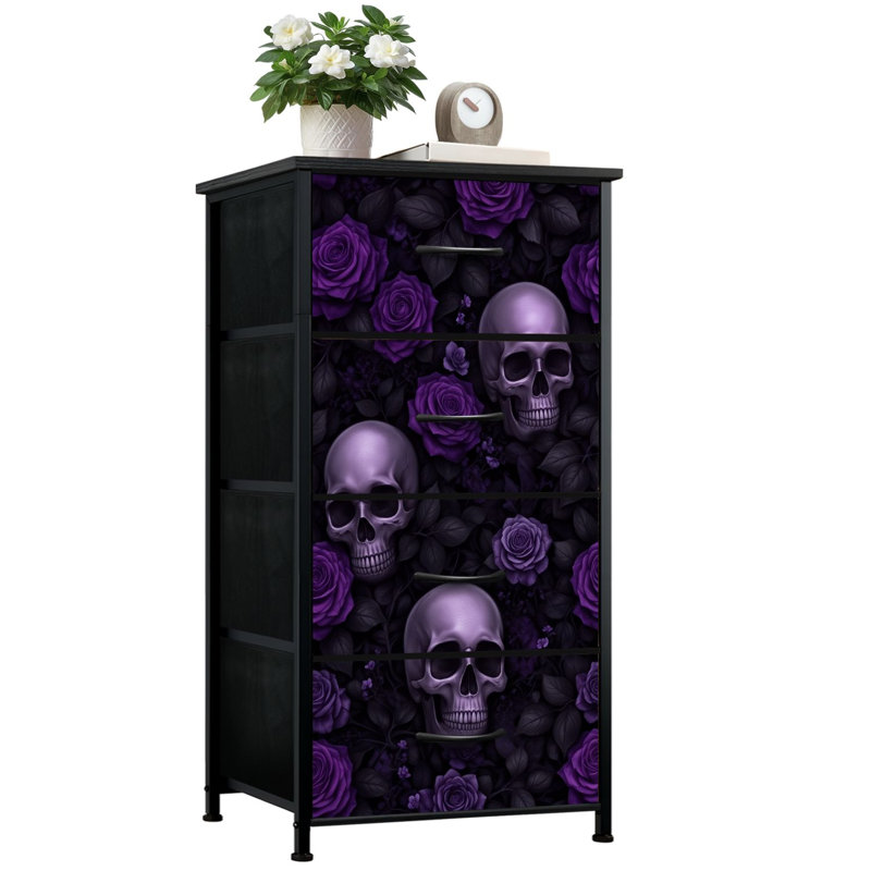 Commode pour chambre à coucher avec 4 tiroirs de rangement Crânes gothiques foncés avec commodes florales mauves Commode en tissu avec cadre en acier pour chambre d'enfant