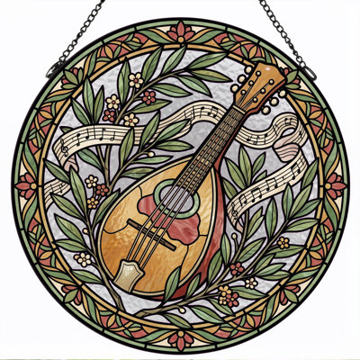 Mandolin Wreath Stained Glass Window Panel，7.8H