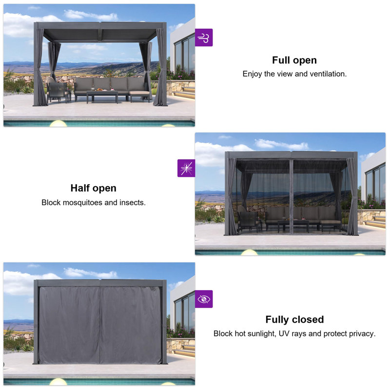 PURPLE LEAF Louvred Pergola with Netting and Curtains, 7.7' H x 10' W x 13' D