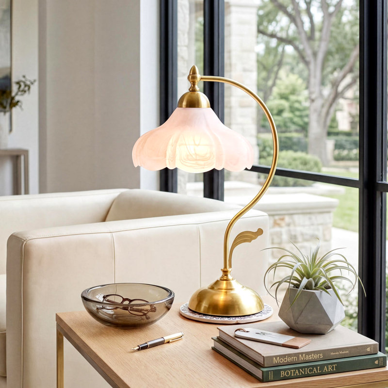17.32" Flower Table Lamps Set of 2 with Glass Petal Shade Vintage Metal Night Lamps Gold