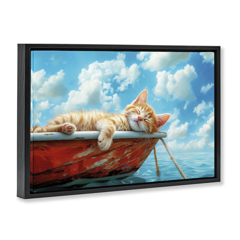 Cadre flottant pour chat endormi sur un bateau, par Parable Visions, H 21 po x l 31 po, Cadre flottant noir de jais
