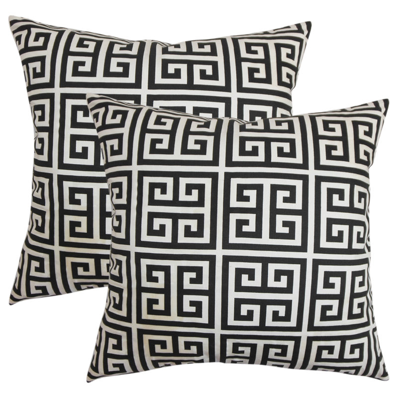 Yula Greek Key Cotton Throw Pillow, Black