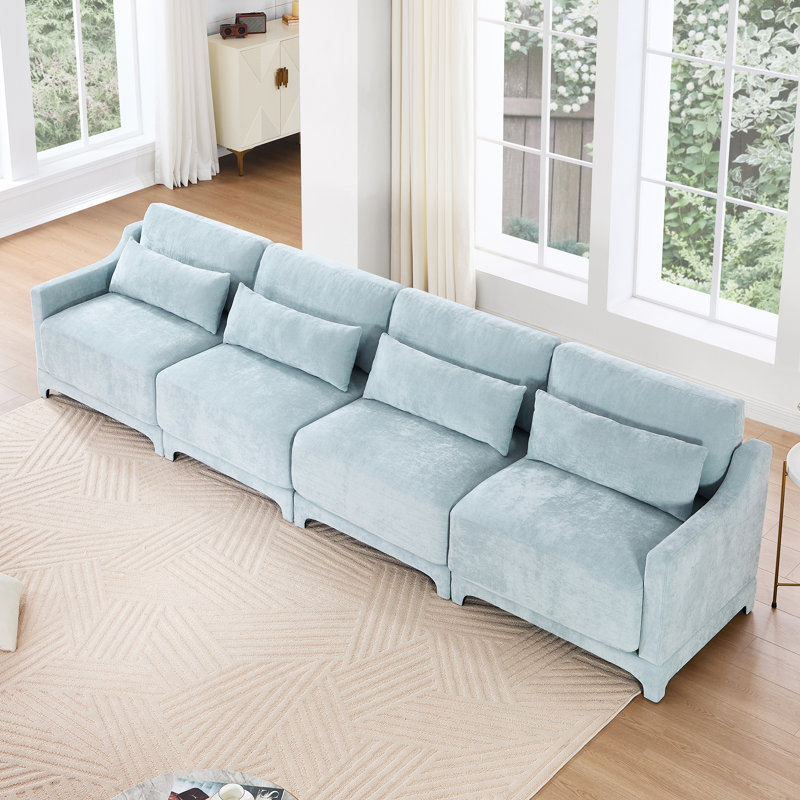 141.7" Chenille Upholstered Pillow-Top Arm Sofa Couch, 4, Sky Blue