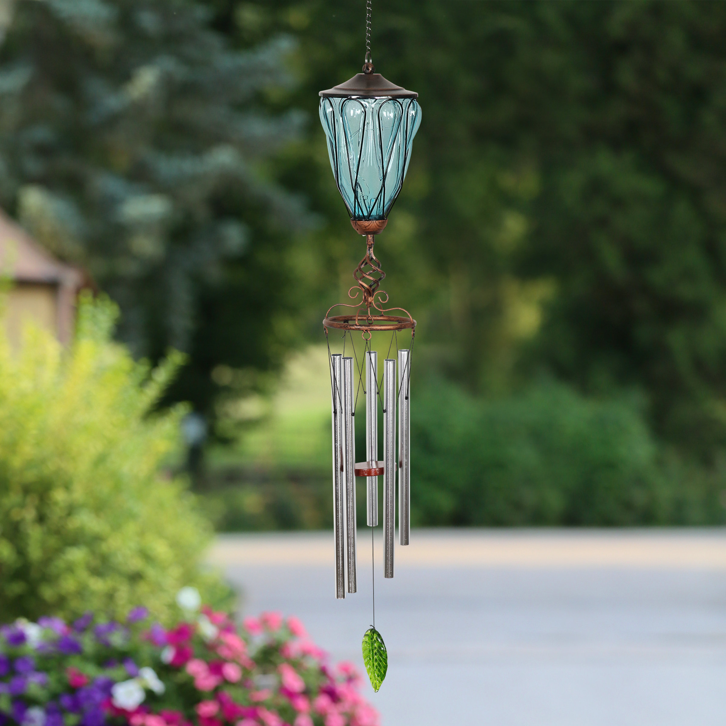 Exhart Solar Metal Wire and Glass Wind Chime with Looping Pattern and Nine  LED Fairy String Lights