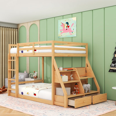 Full over Full Wooden Bunk Bed with LED Light Strip, Shelves, Charging Station and Drawers