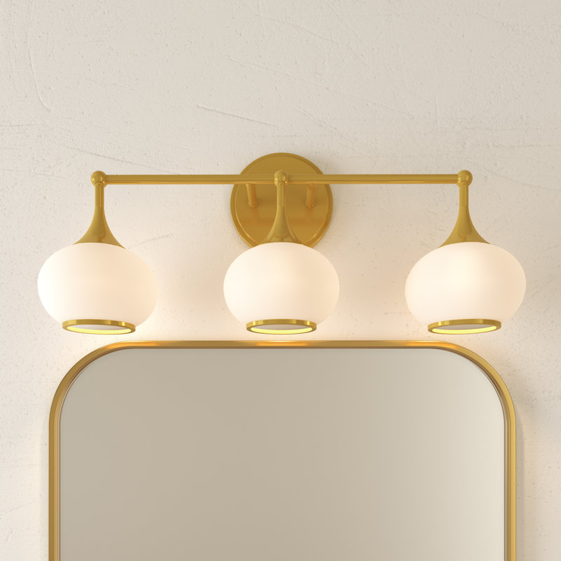 Dimmable Bathroom Wall Light with White Glass Shades, 3, Antique Brass, 27cm H x 60.8cm W x 18.9cm D 