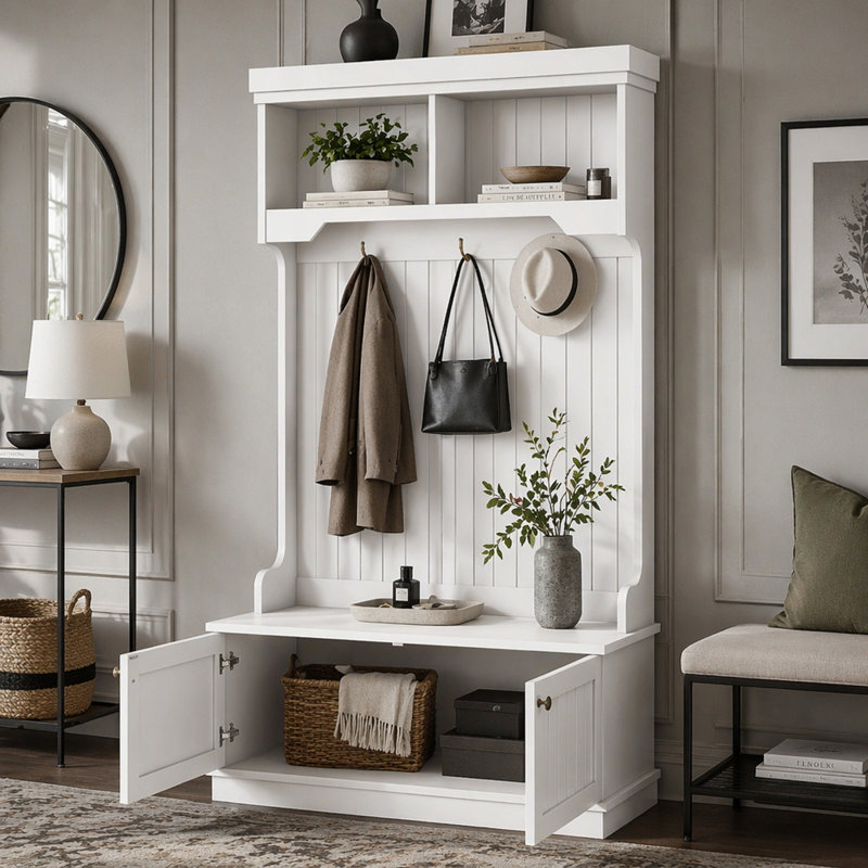 35.4 " Wide Hall Tree with Cabinet, White