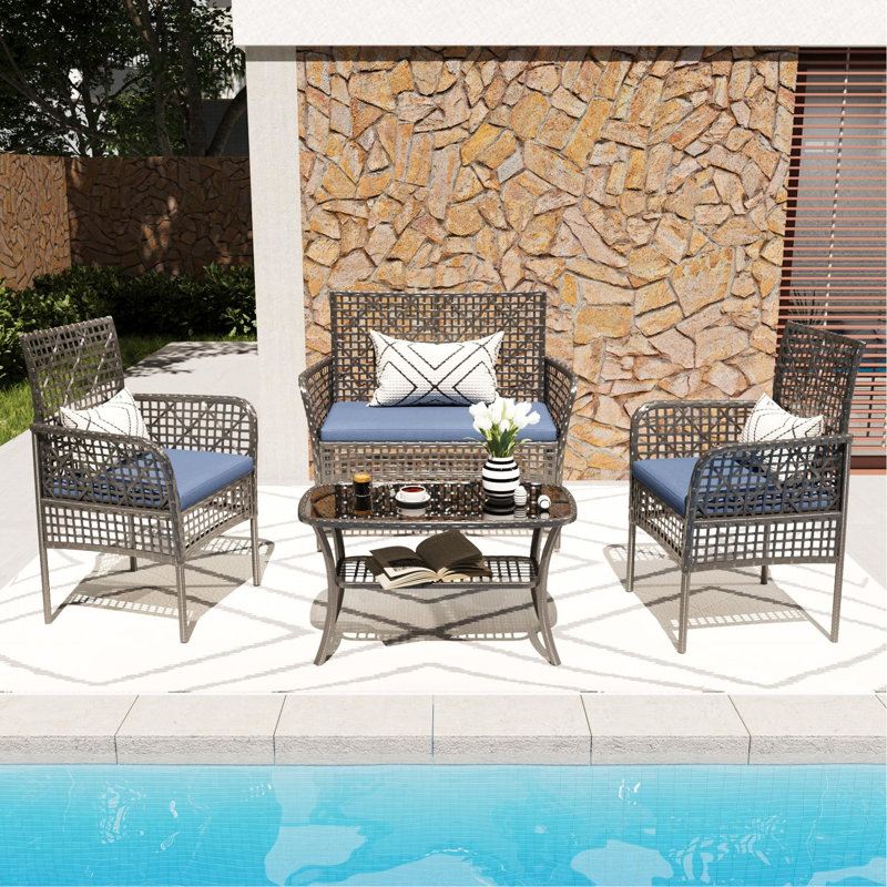 4 pieds de patio pour conversation avec table en verre trempé et coussins amovibles Mobilier moderne: table, Bleu