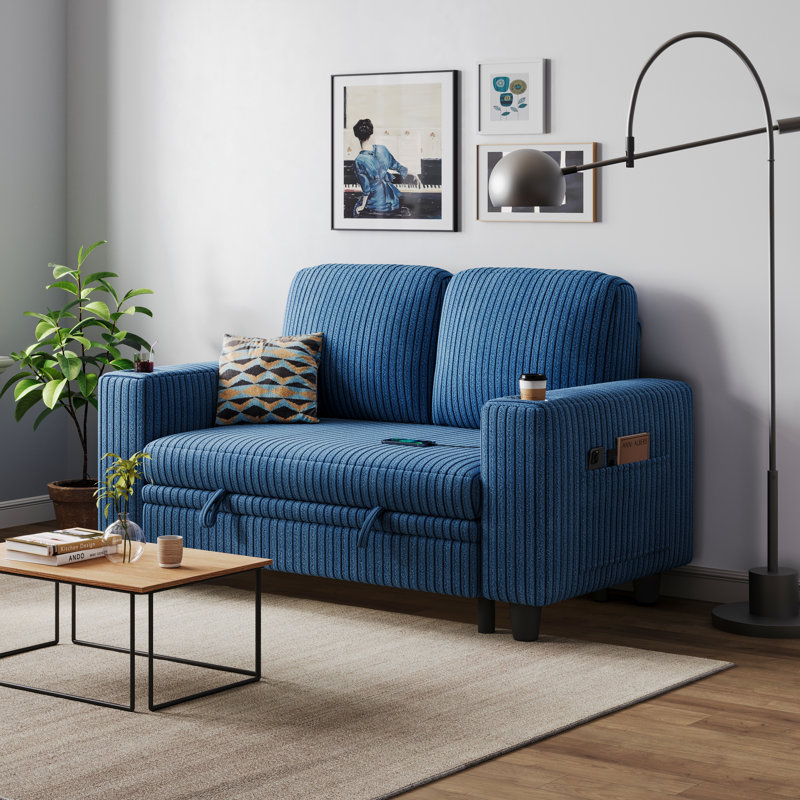 Sherry 56" Upholstered Storage Loveseat with Charging & Cup Holders, Soren Navy Corduroy