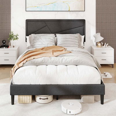 Bed Frame with High Headboard & Wooden Slats No Box Spring Needed by Winston Porter