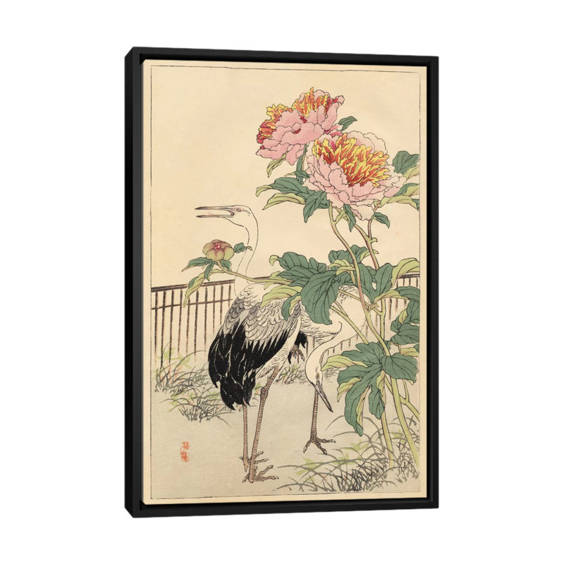 «Crane and Peony», reproduction d'art sur toile, H 48 po x l 32 po x P 1,5 po, Toile avec cadre noir, Pas de tapis