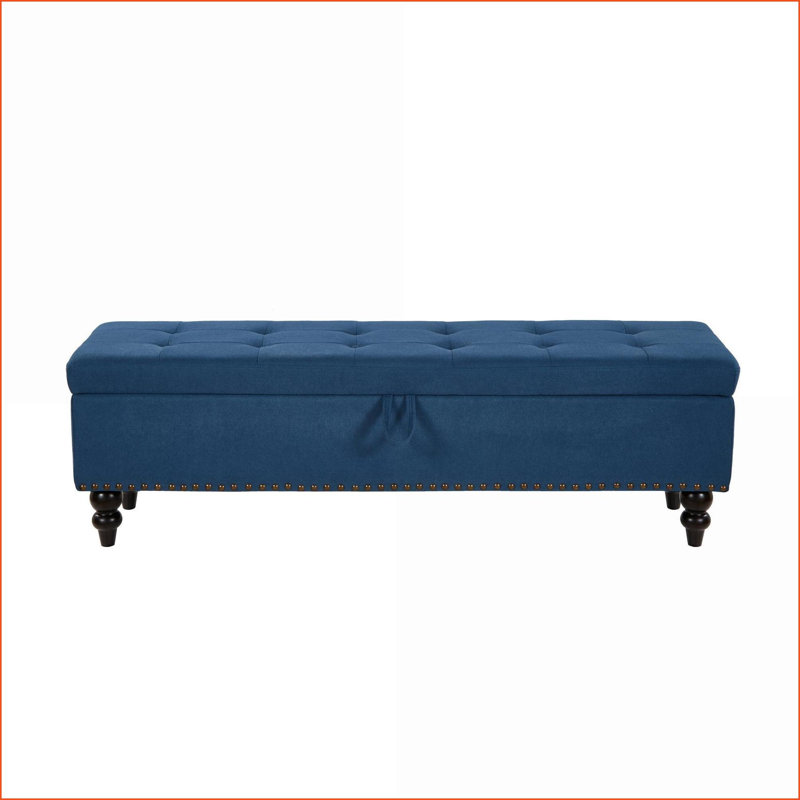 Banc de rangement, tissu contemporain bleu marine 59 po avec rangement pour le couloir de la chambre à coucher | Repose-pieds | Bleu marine