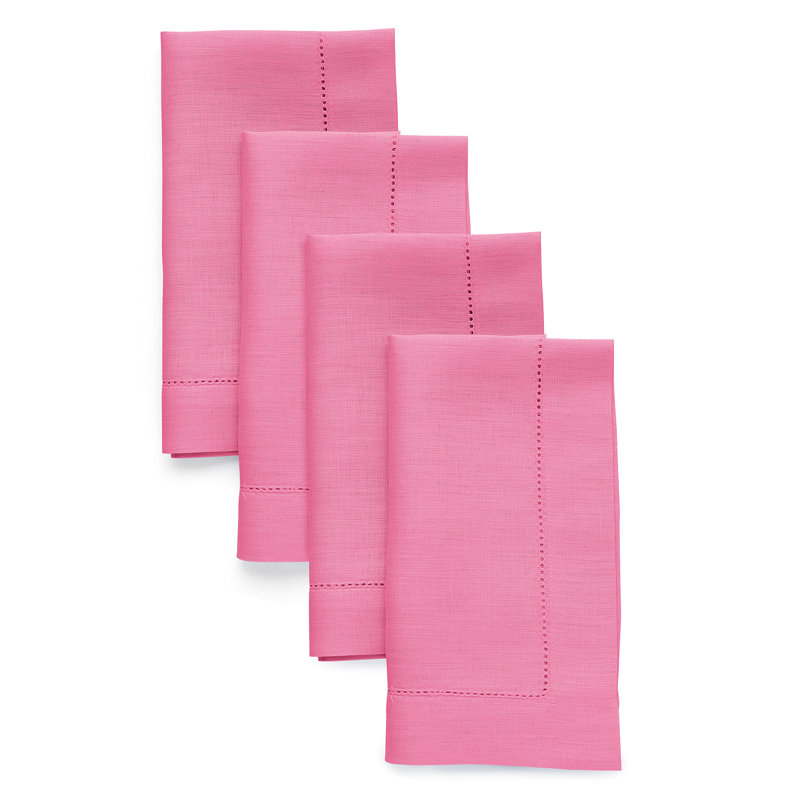 100% Pure Linen Hemstitch Dinner Napkins - Classic Hemstitch, Flamingo Pink