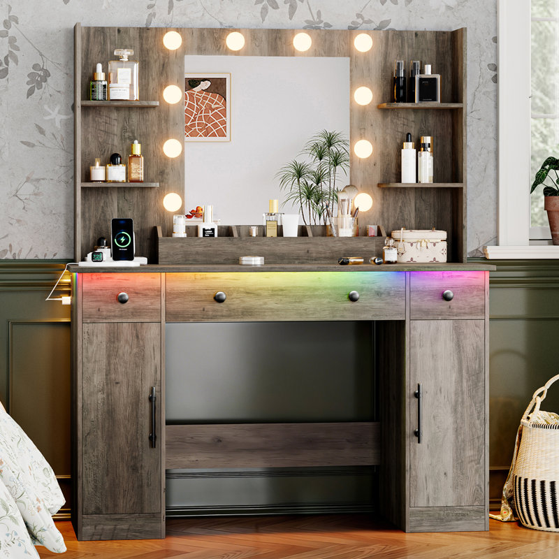 43.7"W Farmhouse Makeup Vanity Desk with Lighted Mirror and Power Outlet, 3 Drawers, Gray, Mirror