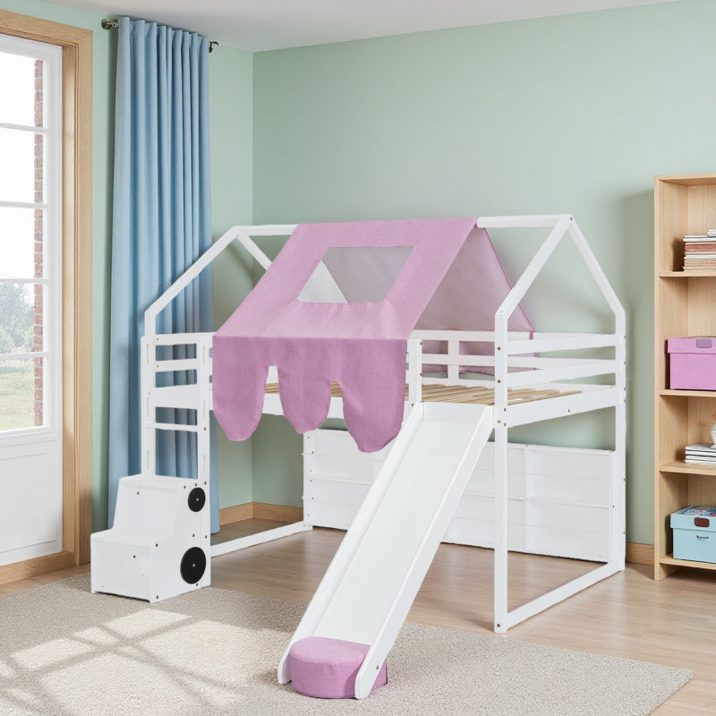 Cadre de lit mezzanine en bois avec tente, Lit double, Blanc / Rose