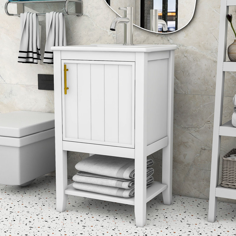 Armoire de meuble-lavabo avec lavabo, porte, étagère et tablette Ovid, Blanc