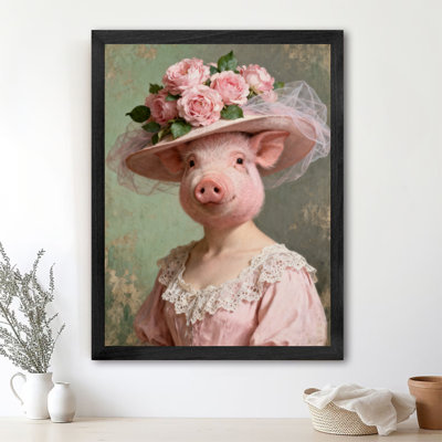 Art encadré noir avec cochon rose rétro