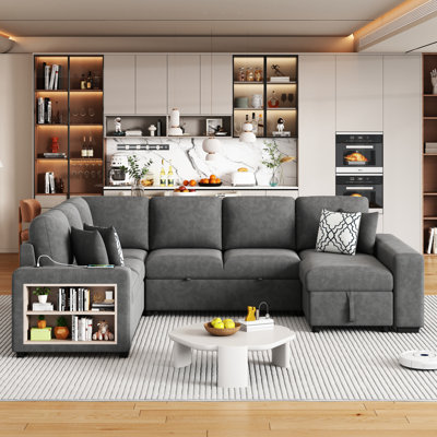 Canapé-lit modulaire en U de 109 po avec deux ports USB, une méridienne de rangement et quatre coussins de dossier pour le salon