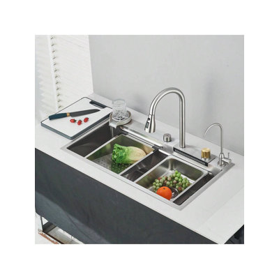 Kitchen Sink Stainless Steel Sink Waterfall Sink with Cup Washer and Strainer Brushed Nickel Modern Kitchen Sink (80 x 45 cm)