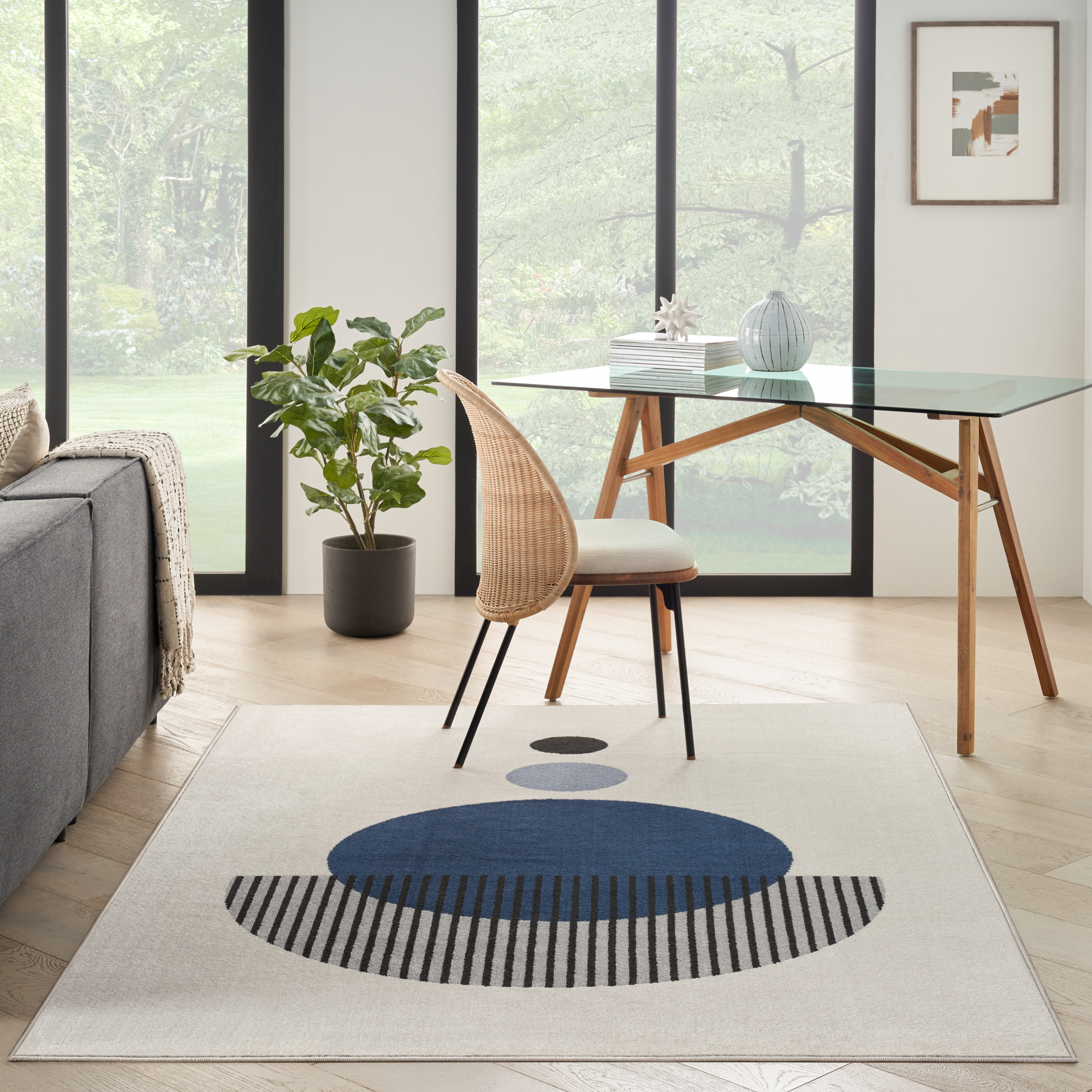 Mercury Row® Venne Machine Woven Performance Cream/Black/Blue Rug