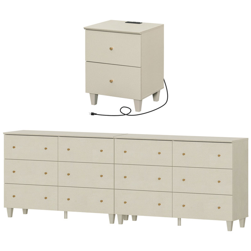 Ensemble de commodes de chambre à coucher et table de chevet, 3 pièces, Beige