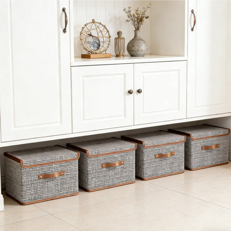 4 grands bacs de rangement avec couvercles, boîtes de rangement décoratives avec couvercle et poignées en polyuréthane, paniers de rangement pliables pour placard, tablettes, empilables, ensemble de 4