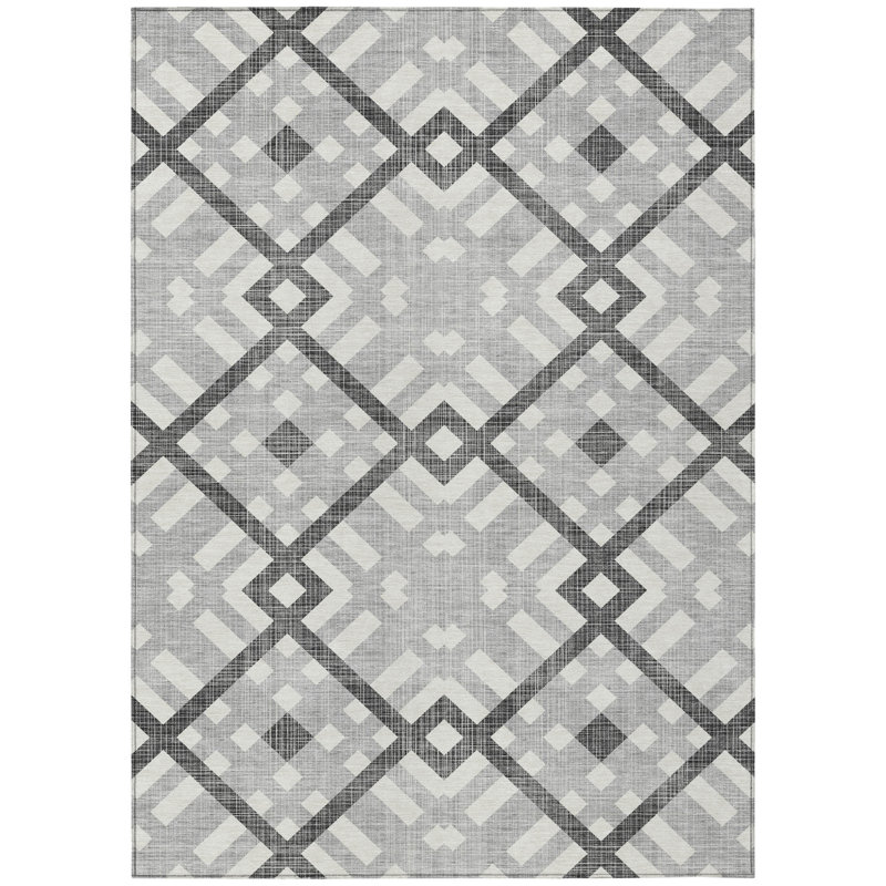 Tapis intérieur gris anthracite lavable 9 pi x 12 pi géométrique