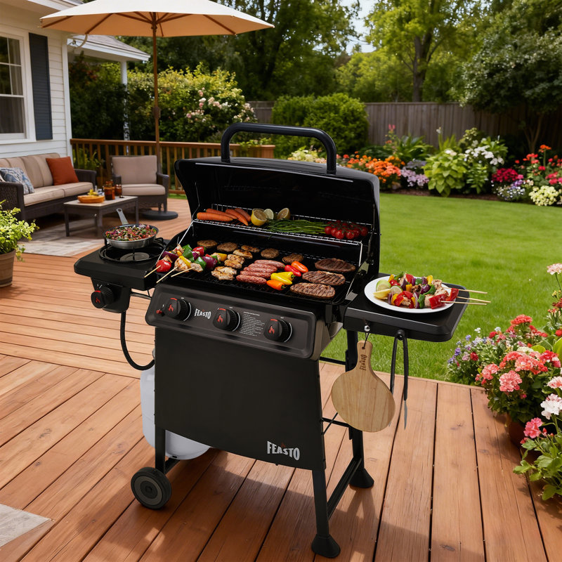 Feasto 3-burner Propane Gas Grill With Side Burner, All-porcelain-enamel Main Body And Lid, 38,000 Btu And 504 Sq. In. Cooking Space, Outdoor Gas Grill For Garden, Poolside And Tailgating
