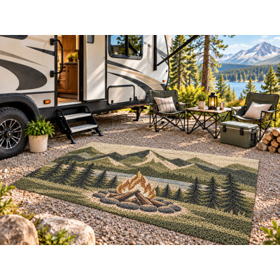 5' x 7' Outdoor Area Rug Campfire Pine Mountain Heavyweight Solid Waterproof PVC Coil Loop Carpet, Patio Rug Quick Dry Large Doormat Porch Balcony Entryway RV Camping