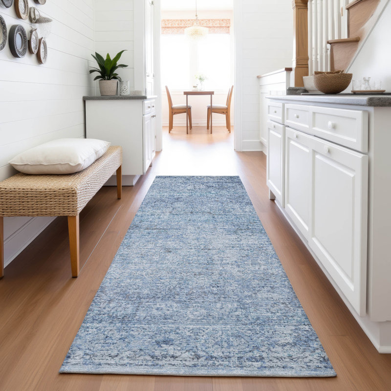 Machine Washable Indoor/Outdoor Xhevrie Blue Rug, Runner 2'3" x 7'6"
