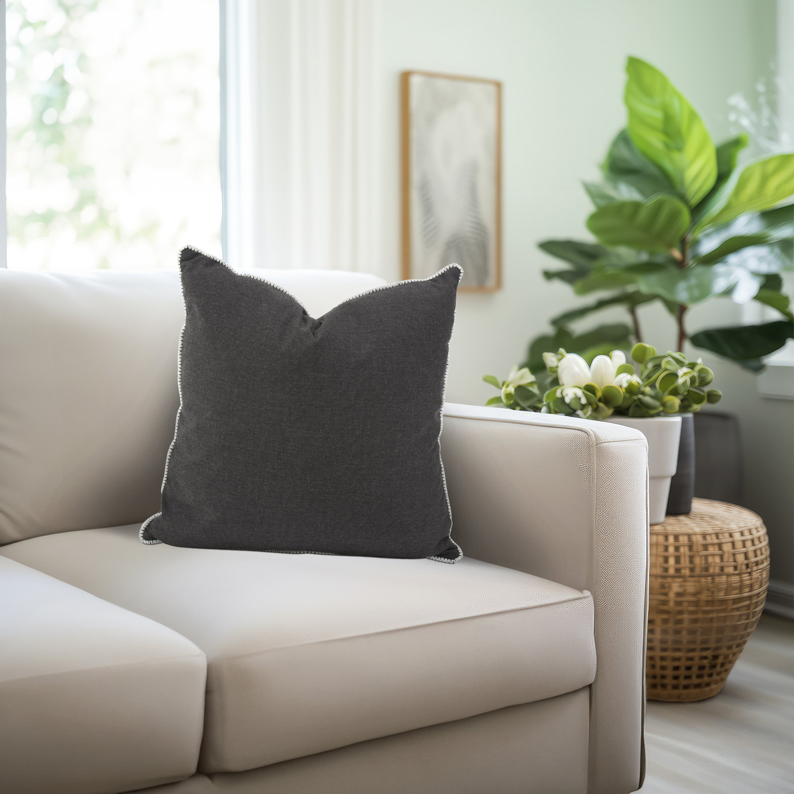 Delijah 24" x 24" Sunbrella® Pillow Cover & Insert, Seascape Charcoal, 24" x 24"