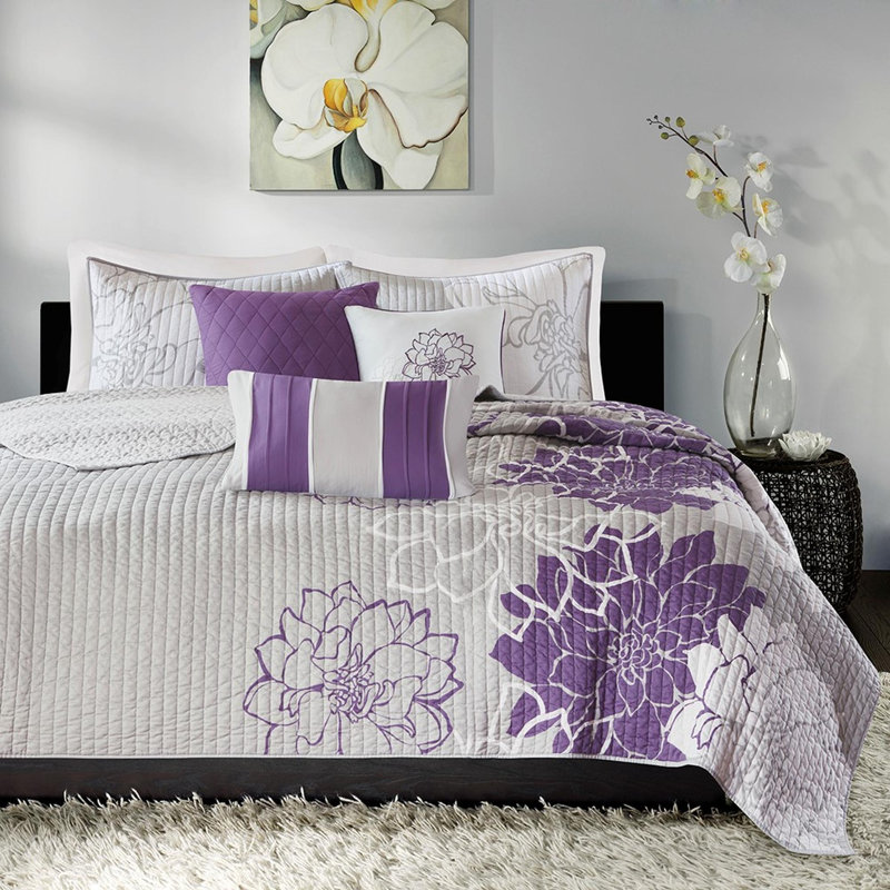 Ensemble de courtepointe en coton 6 pièces, Courtepointe double + 5 pièces supplémentaires, Mauve