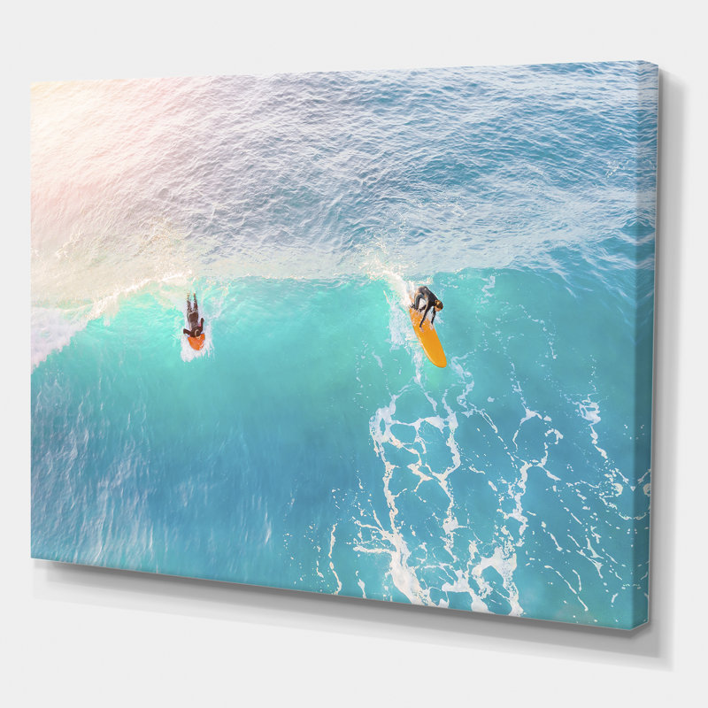 " Surfers On A Bright Sunny Ocean Wave ", 30" H x 40" W x 1.5" D, Wrapped Canvas