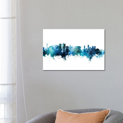 Cedar Falls Iowa Skyline Blue Teal by Michael Tompsett - 1 Piece Wrapped Canvas Painting