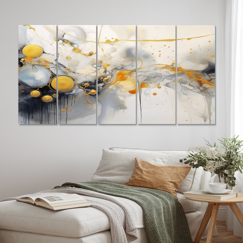 «Black and Gold Whimsical Waves II», reproduction d'art murale abstraite - 5 panneaux égaux