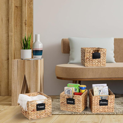 Water Hyacinth Baskets With Labels,  Wicker Storage Basket, Storage Baskets For Shelves Set Of 4, Pantry Baskets Organization,Kitchen Storage Baskets, Bathroom Shelves Storage Basket