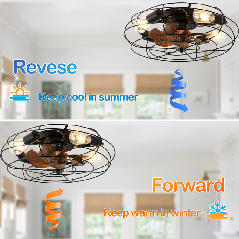Ventilateur de plafond encastré en métal noir industriel 20 po avec lumière et télécommande, moteur à 6 vitesses pour chambre à coucher