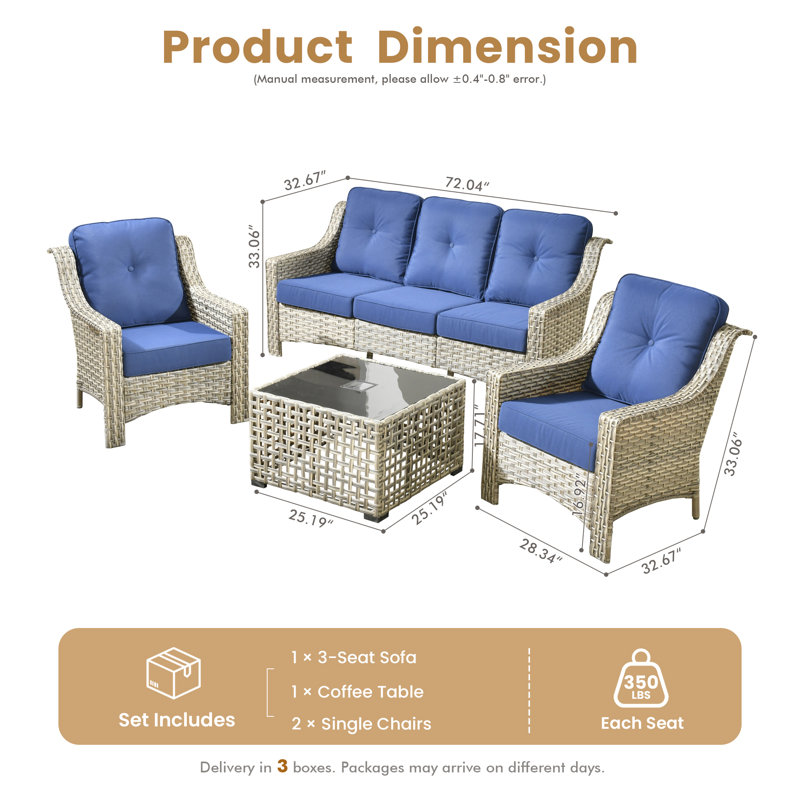 Ensemble de conversation d'extérieur en osier pour 5 personnes, ensemble de canapé de patio avec table basse éclairée et coussins