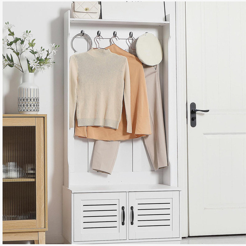 Portemanteau moderne, portemanteau avec banc à chaussures, 5 crochets, tablette de rangement et armoire à portes à lattes pour le couloir, blanc