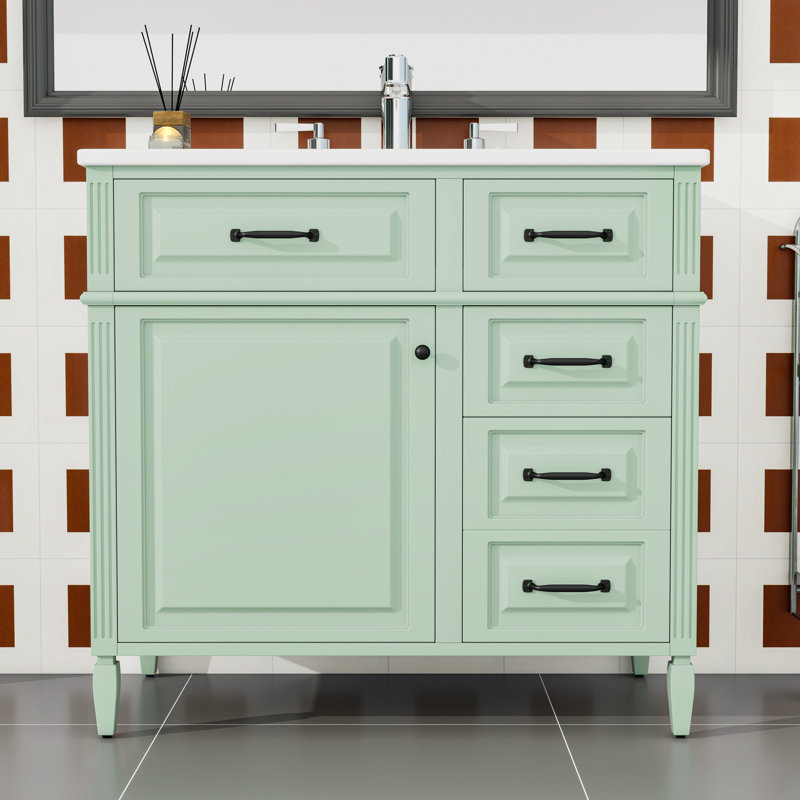 Meuble-lavabo de salle de bain avec lavabo en céramique, tiroir rabattable et tablette réglable, Vert