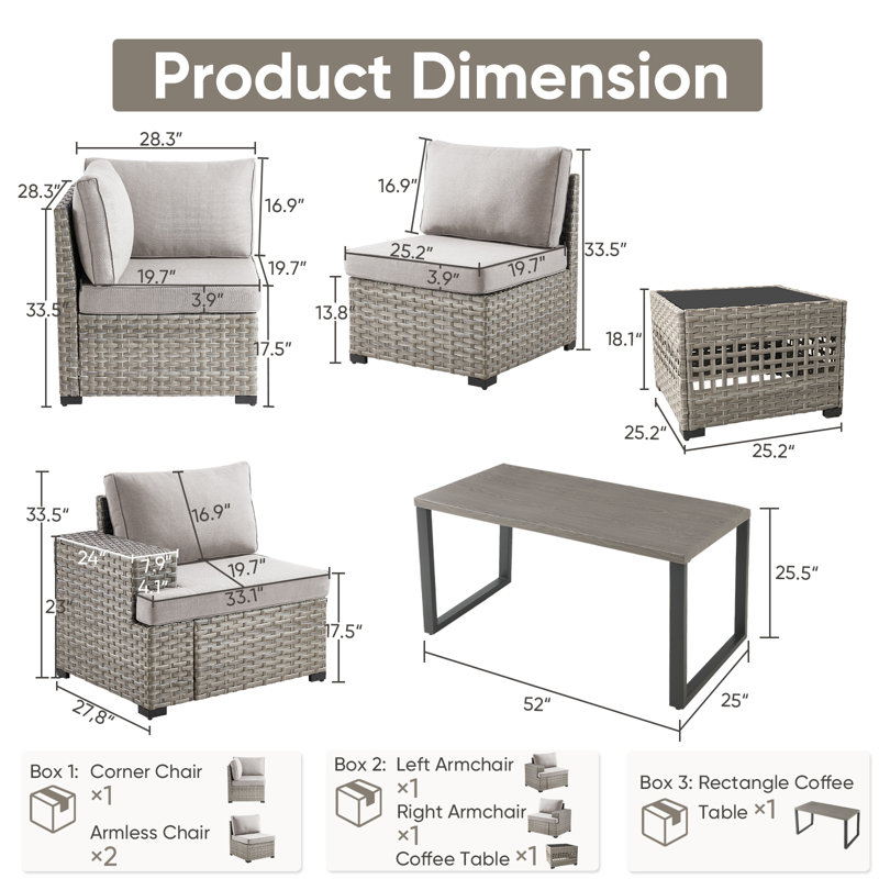 Clute Arnoltice 5 - Person Outdoor Wicker Rattan Patio Sofa Seating Group With Armless Chairs And Dining Table, Beige