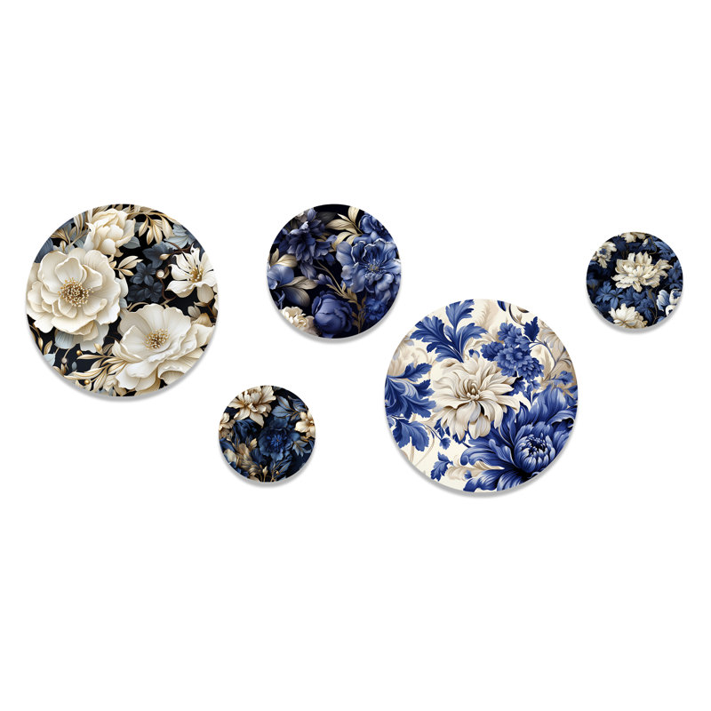 Elegant Blue and White Floral Metal Wall Art Set of 5