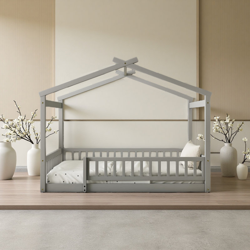 Wood Bed House Bed Frame With Fence, Gray, Full