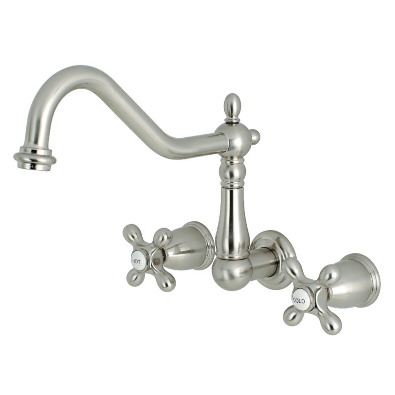 Kingston Brass Heritage Double-Handle 3-Hole Wall-Mount Kitchen Faucet, Brushed Nickel