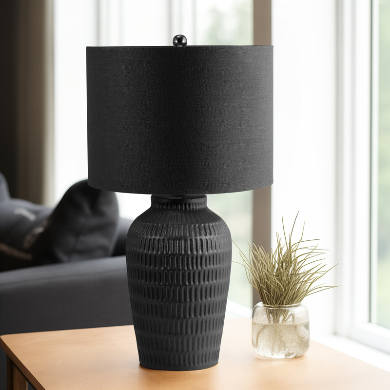27" H Ceramic Dimpled Table Lamp, Brown Linen Shade and Iron Base, Elegant and Versatile Lighting