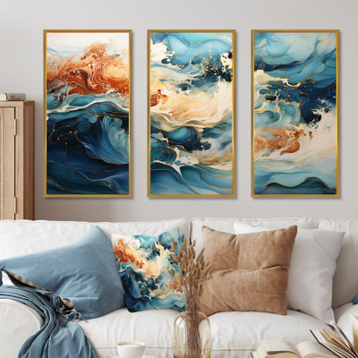 Liquide bleu et or océan tempête I - ensemble de décorations murales formes abstraites