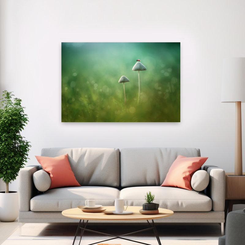 Ladybug On Mushroom Delicate Peaceful Tranquil Ladybug Forest Nature Wall Art Print by Edy Pamungkas - Print