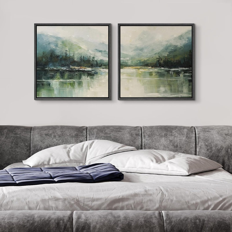 Mountains And Rivers " Green Misty Mountain Reflection Serene Lake Nature Landscape Illustrations Modern Art Minimal Calm " 2 - Pieces